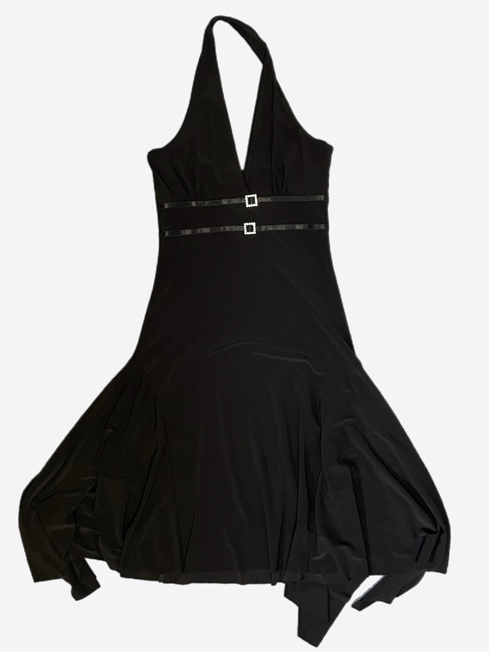 Vintage Y2K Carolina Black asymmetric halter rhinestone midi dress stretch XS - Picture 7 of 10